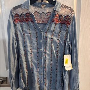 REBA Embroidered Lace Yoke Chambray Button-Front Top - Light Blue